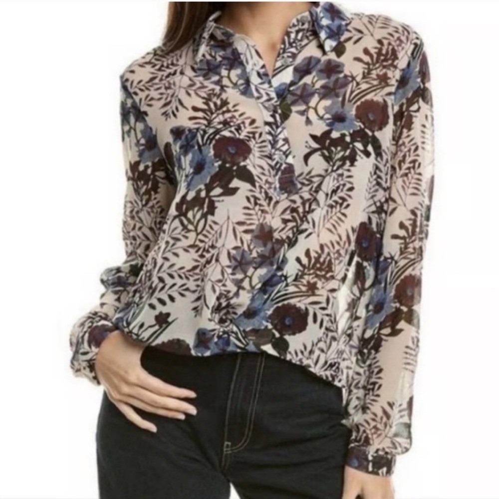 Cabi Gossamer Blouse 4536 Womens Large Floral Sheer Long Sleeve Button Up Cream